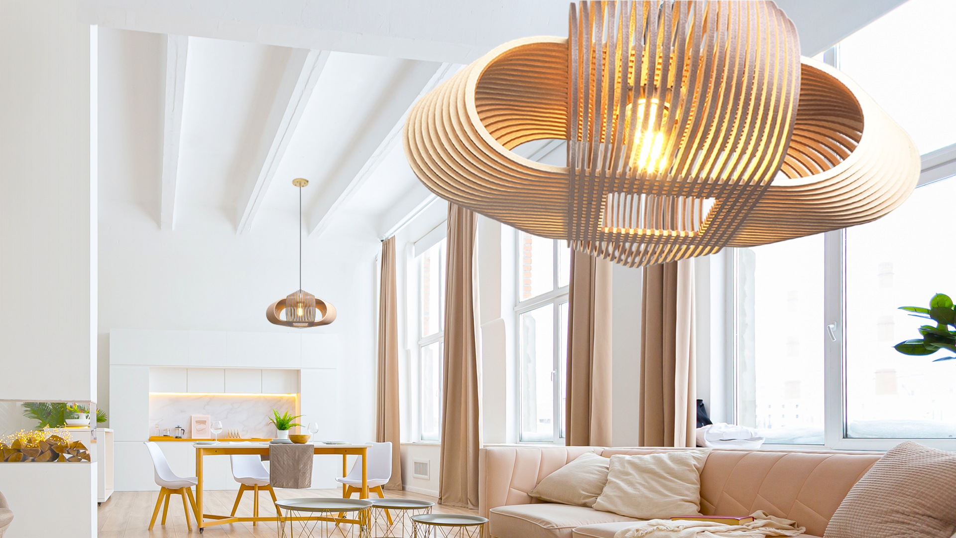 Zooki Pendant Light Model 15 hanging in a spacious modern lounge