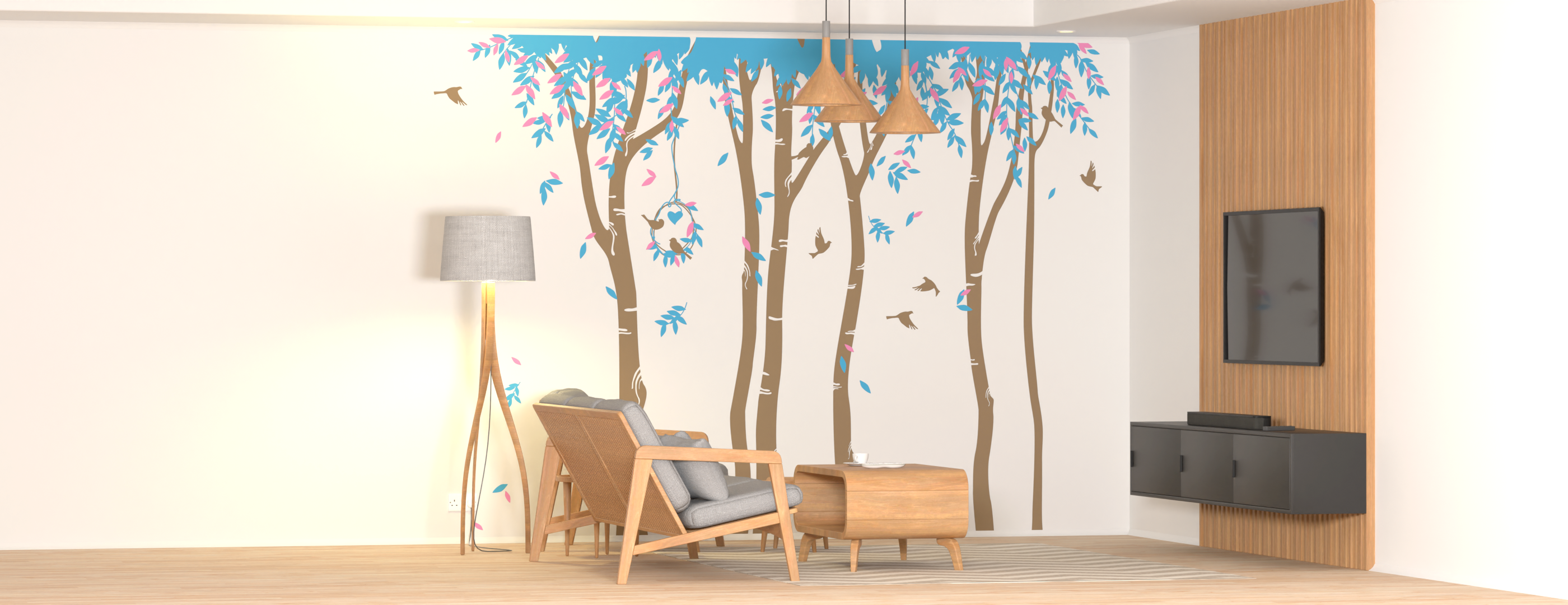 A modern styled living room with a large tree wall sticker in the background and decor