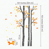 Tree wall sticker with orange leaves and a fox playing dimensions.