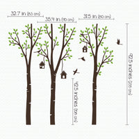Tree wall sticker with leaves, birdhouses and birds dimensions.