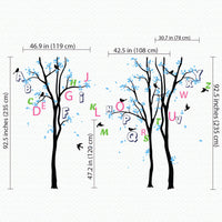 Tree wall sticker with leaves and  letters of the alphabet hanging from branches and birds dimensions.
