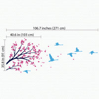 Tree wall sticker with overhanging branch and birds dimensions.