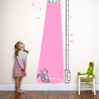 Height chart wall sticker of a cat bathed in light from a street lamp with a young girl and kermit the frog nearby.