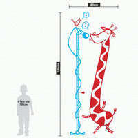 Height chart wall sticker of a giraffe singing into a microphone dimensions.