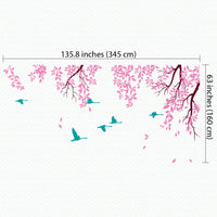 Stylish tree wall sticker with hanging branches and birds flying dimensions.