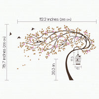 Large wall tree sticker with a leaning tree, birds and birdcage dimensions.