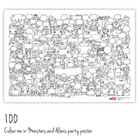 A colour in party poster with monsters and aliens with 100 monsters and aliens.