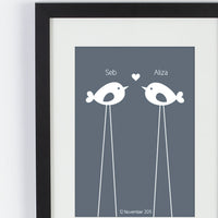 Personalized framed print with 2 birds with names and a date zoomed in.