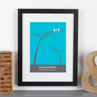 Personalized framed print with 2 trees and birds with names and a birthdate next to bookends.