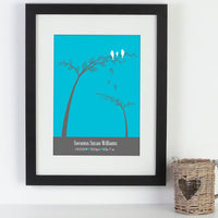 Personalized framed print with 2 trees and birds with names and a birthdate next to mug.