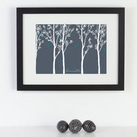 Personalized framed print with trees and family of birds with names next to ornamental eggs.