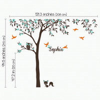 Tree wall sticker with birds, an owl, a squirrel and the name of a loved one dimensions.