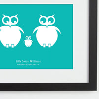 Personalized framed print of a family of owls with names zoomed in.