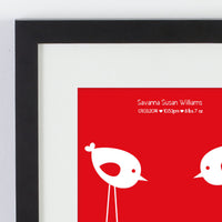 Personalized framed print of 2 birds and a baby bird, with a date and names zoomed in.