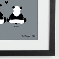 Personalized framed print of 2 pandas in love with a significant date zoomed in.