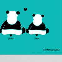 Personalized framed print of 2 pandas in love with a significant date without a frame, zoomed in.