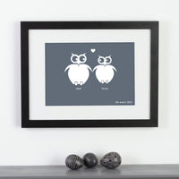 Personalized framed print of 2 owls in love with a significant date above some ornamental eggs.