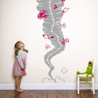 Height chart sticker of a tornado with a young girl and kermit nearby.