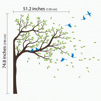 Tree wall sticker with birds and leaves blowing dimensions.