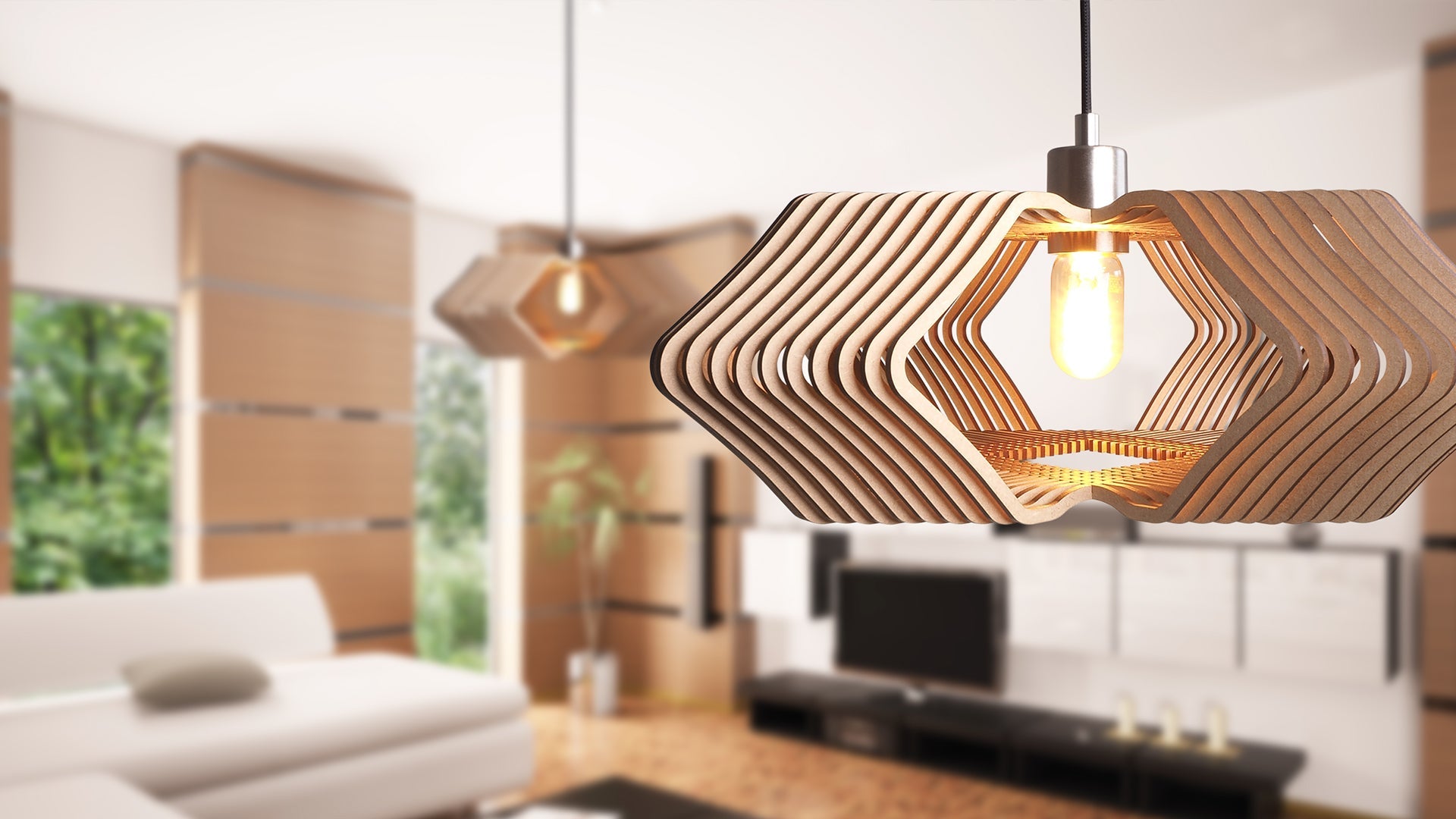 Zooki Pendant Lighting hanging in living space with seating area and TV