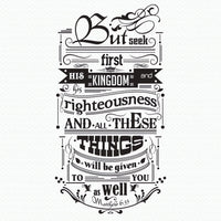 Wall quote sticker with text "But Seek First His Kingdom And His Righteousness And All These Things Will Be Given To You As Well".