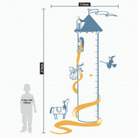 Height chart wall sticker of rupunzel in a tower being rescued py a prince dimensions.