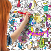 A colour in party poster of chirpy birds getting coloured in by a young woman.