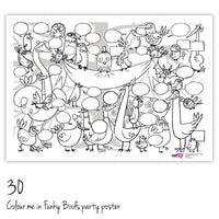 A colour in party poster of chirpy birds with 30 birds.