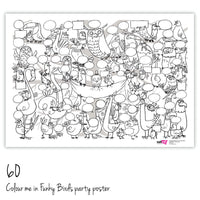 A colour in party poster of chirpy birds with 60 birds.