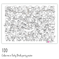 A colour in party poster of chirpy birds with 100 birds.