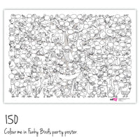 A colour in party poster of chirpy birds with 150 birds.