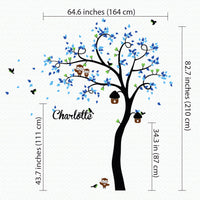 Tree wall sticker with curved trees, birds, owls and the name of a significant loved one dimensions.