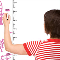 Height chart wall sticker of a hot air balloon taking off, a young girl nearby with a mother charting the height of their child.
