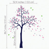 Tree wall sticker with leaves blowing, birds and a child's name dimensions.