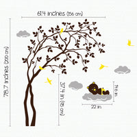 Tree wall sticker with a leaning tree, bears resting on clouds and birds dimensions.