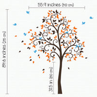 Tree wall sticker with curved branches and birds dimensions.