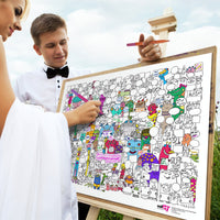 A colour in party poster with monsters and aliens being filled in by a young married couple.