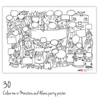 A colour in party poster with monsters and aliens with 30 monsters and aliens.