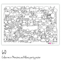 A colour in party poster with monsters and aliens with 60 monsters and aliens.