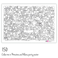 A colour in party poster with monsters and aliens with 150 monsters and aliens.