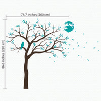 Tree wall sticker with a night time theme, owl and moon dimensions.