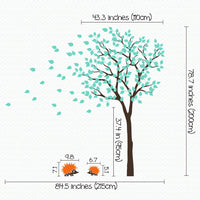 Tree wall sticker with leaves blowing and hedgehogs playing dimensions.