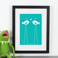 Personalized framed print with 2 birds with names and a date next to kermit the frog.