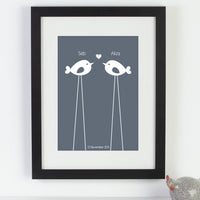 Personalized framed print with 2 birds with names and a date.