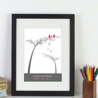 Personalized framed print with 2 trees and birds with names and a birthdate.