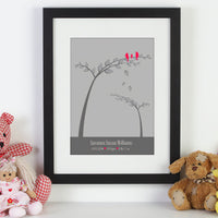 Personalized framed print with 2 trees and birds with names and a birthdate next to cuddly toys.