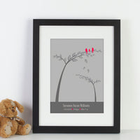 Personalized framed print with 2 trees and birds with names and a birthdate next to cuddly toy.
