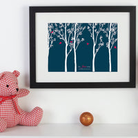 Personalized framed print with trees and family of birds with names next to cuddly toys.