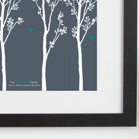 Personalized framed print with trees and family of birds with names zoomed in.