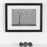 Personalized framed print of a tree with a family of butterfly with names next to ornamental eggs.